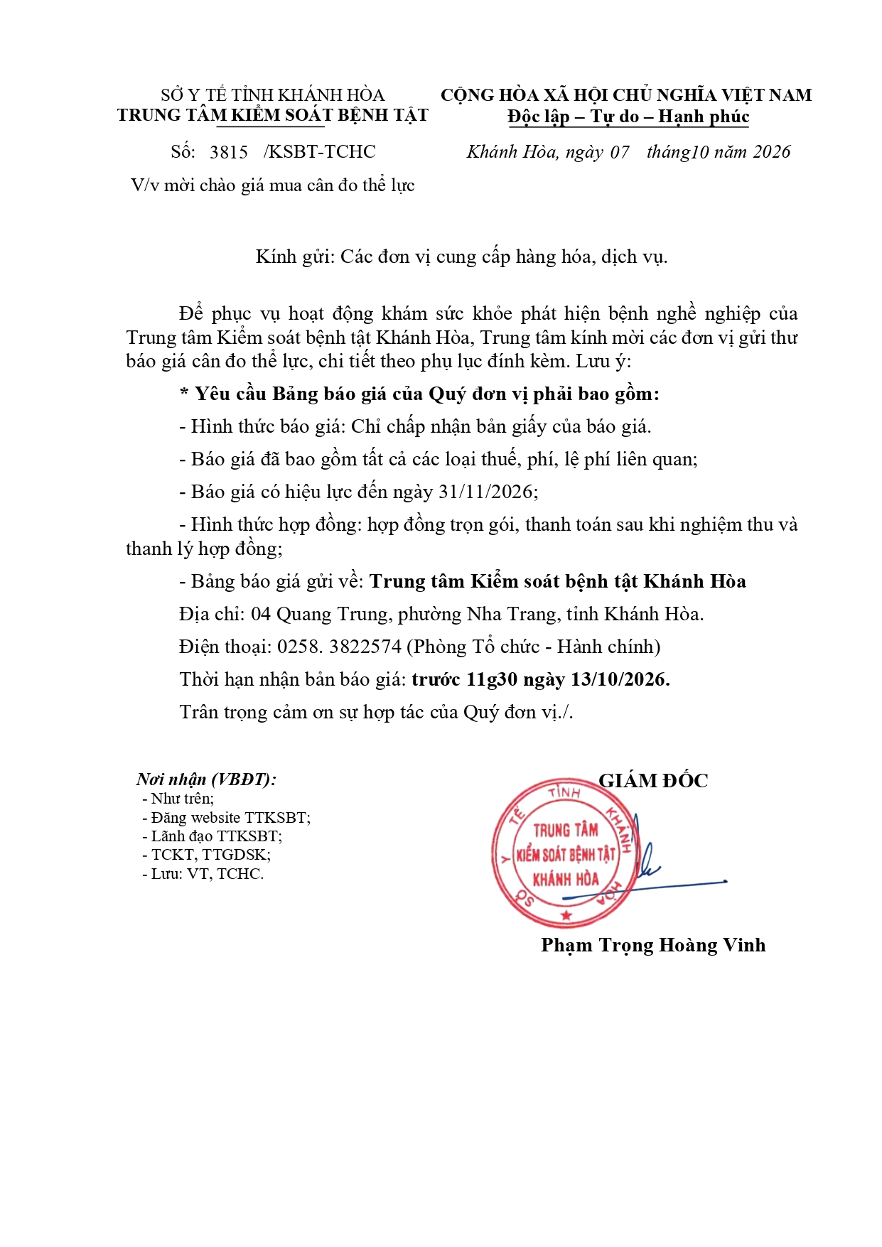 V/v mời chào giá mua cân đo thể lực